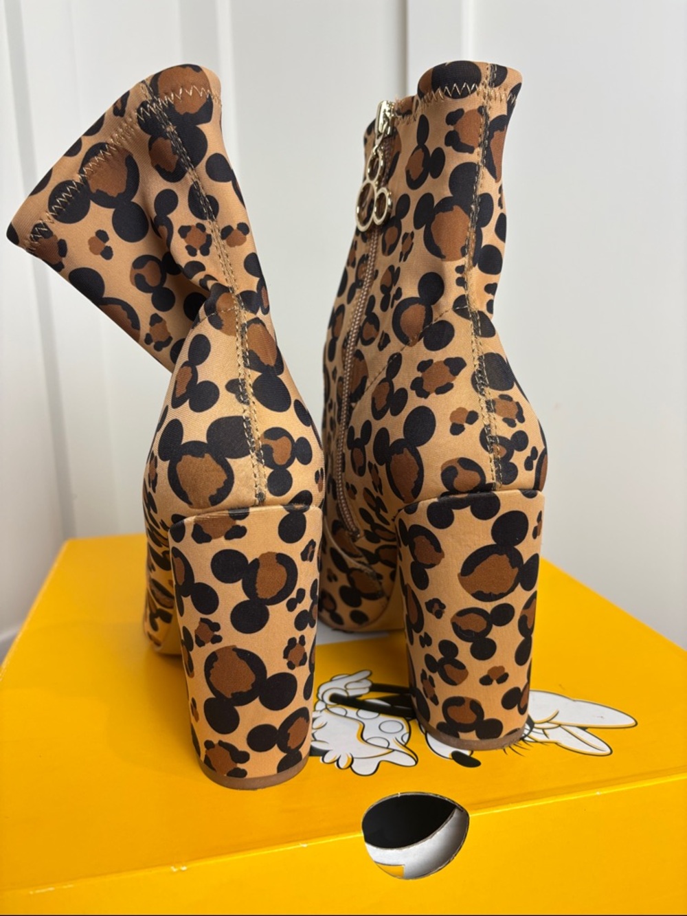 Disney x Aldo Tan Ankle Boots with Leopard Mickey Print, Size 8 - Picture 3 of 9